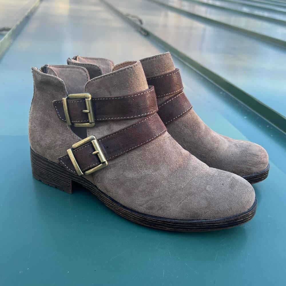 Boc light tan faux suede double buckle ankle booties with zipper on the back